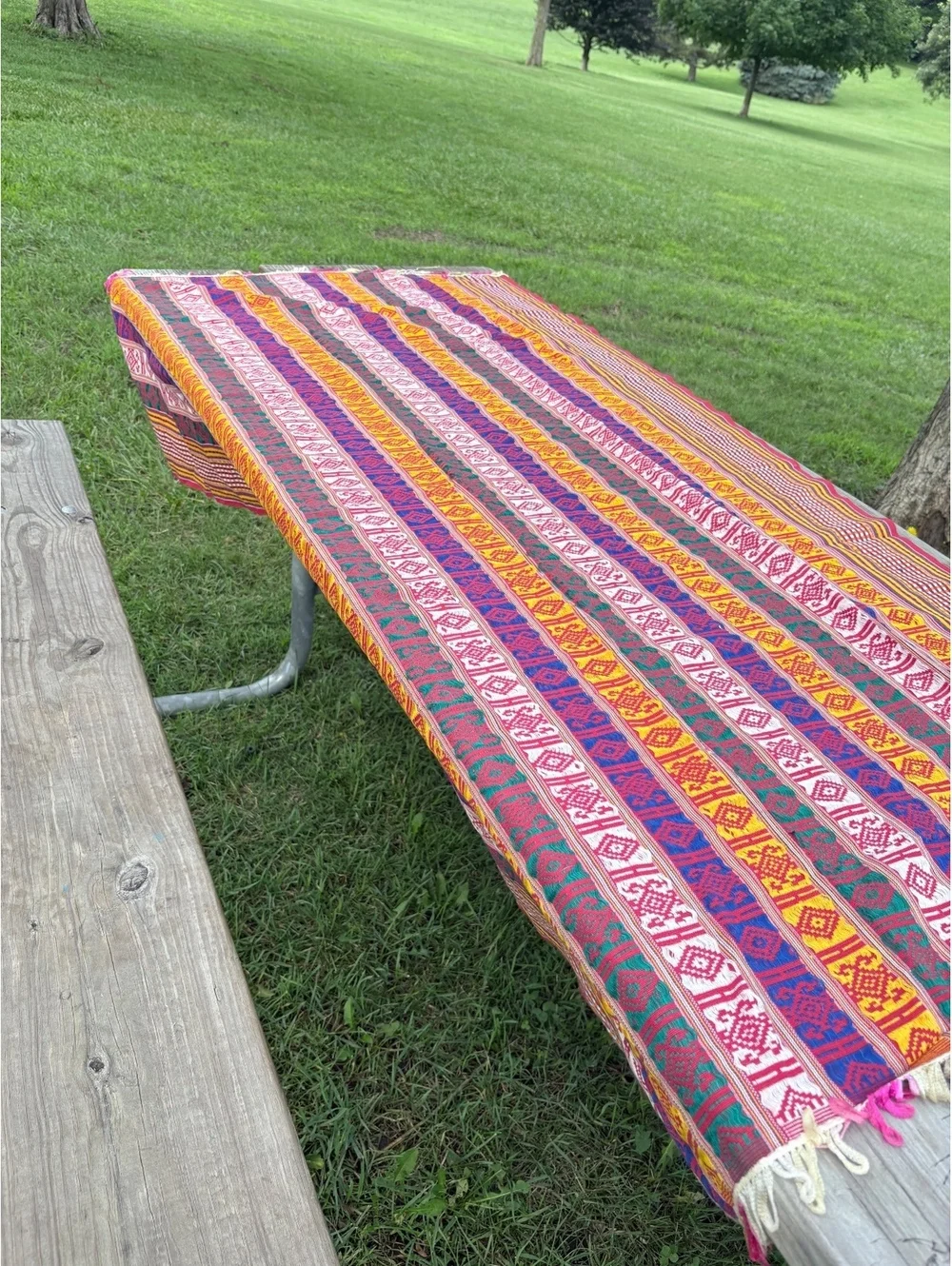 Vintage Woven Tablecloth Multicolor Boho Southwestern Fringed 56x39